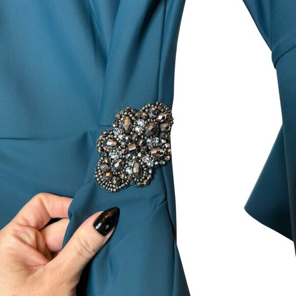 Alex Evenings Scuba Compression 3/4 Sleeve Ruffle Sheath Dress Teal size 2 - Picture 4 of 7